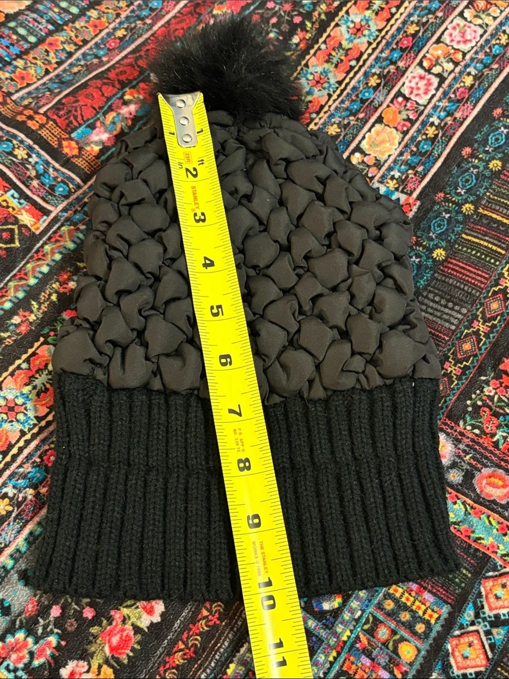 Girls Chunky Quilted Pom-Pom Knit Beanie Black fleece lined
